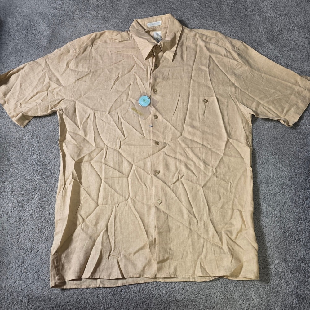 Burma Bibas Mens M Button Down Shirt Tan 100% Natural Linen Short Sleeve Pocket